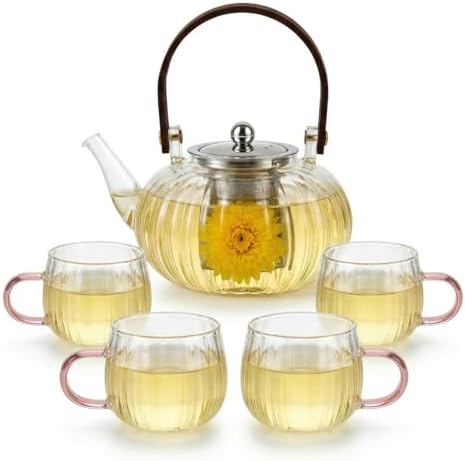 Glass Tea Pot with Infuser and Lid, Tea Pot Sets for Loose Teas Leaves, Clear Teapot(28oz) with Four Teacups(4oz), Glass Herbal Teapot for Stovetop, Adults, Microwave Dishwasher Safe(Pink) by Unknown