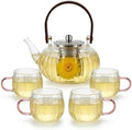 Glass Tea Pot with Infuser and Lid, Tea Pot Sets for Loose Teas Leaves, Clear Teapot(28oz) with Four Teacups(4oz), Glass Herbal Teapot for Stovetop, Adults, Microwave Dishwasher Safe(Pink) by Unknown