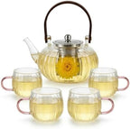 Glass Tea Pot with Infuser and Lid, Tea Pot Sets for Loose Teas Leaves, Clear Teapot(28oz) with Four Teacups(4oz), Glass Herbal Teapot for Stovetop, Adults, Microwave Dishwasher Safe(Pink) by Unknown