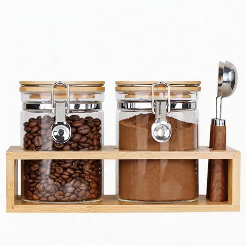 KKC Airtight Coffee Canister Set of 2 with Scoops & Bamboo Lids | 27oz Glass Coffee Jar for Ground Coffee & Beans | Clear Storage Container for Kitchen & Coffee Bar Accessories, Keeps Coffee Fresh by KKCHOMEACCENTSGmbH