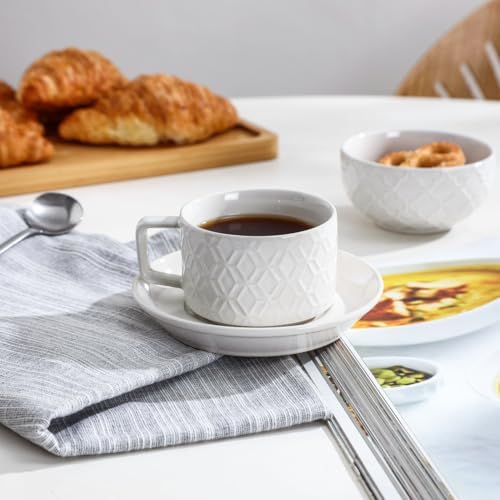 4oz Ceramic Espresso Cups Set of 4, with Stand and Saucers, White - Image 2