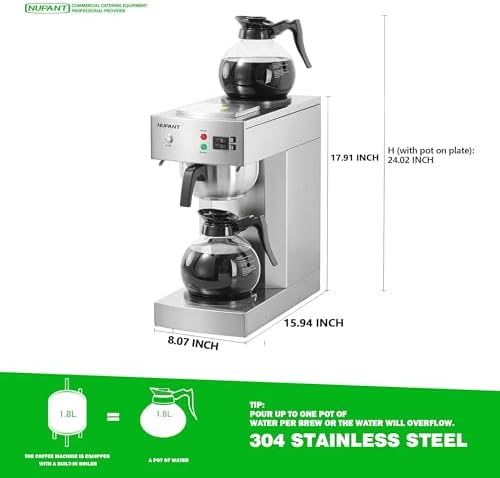 NUPANT 12-Cup Commercial Coffee Maker with Water Line 1.8L Auto-Filling Drip Coffee Maker Machine with 2 Glass Carafes and 2 Warmers Stainless Steel Pour over Coffee Brewer for Restaurant Office cafe - Image 4