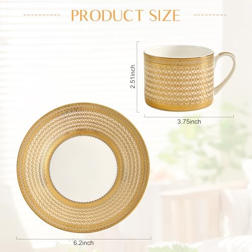 Luxury White & Gold Embossed Tea Cups and Saucers with Teapot, Sugar Bowl, & &Creamer, Vintage European Porcelain Coffee Set for Tea Party, Wedding, Gift (Gold, 4pcs/set) - Image 6