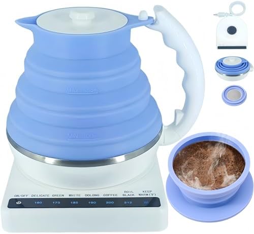 Portable Coffee Maker Pour Over, Travel Coffee Maker Set + Travel Electric Kettle With Temp Control, Collapsible Portable Tea Kettle for Traveling, Hotel, Office, BPA-Free Silicone, 110V, Blue by VVGCS