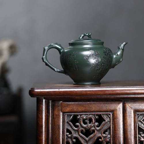 Tea Pots For Loose Tea Creative Hand-made Green Clay Carved Plum Primrose Teapot Home Desktop Tea Maker Tea Infuser Pot - Image 4