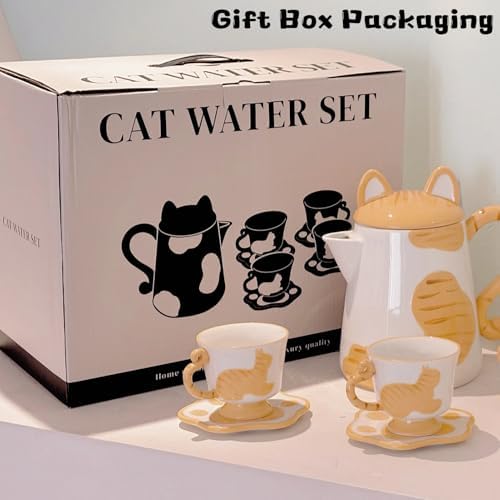 Ceramic Cat Tea Set,Cute Cat Paw Tea Mugs And Saucers Set Of 4,Perfect Cat Themed Gifts,Lovely Cat Decor,Tea Sets for Adults,Excellent Gift Idea For Cat Lovers (Orange, 4) - Image 4