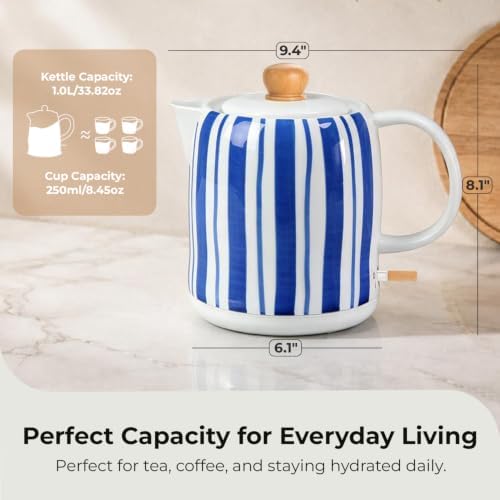 Hand-Painted Blue Striped Ceramic Electric Kettle 1.0L - 1000W Fast Boil with Wooden Lid, Auto Shut-Off & Boil-Dry Protection for Coffee and Tea - Image 3