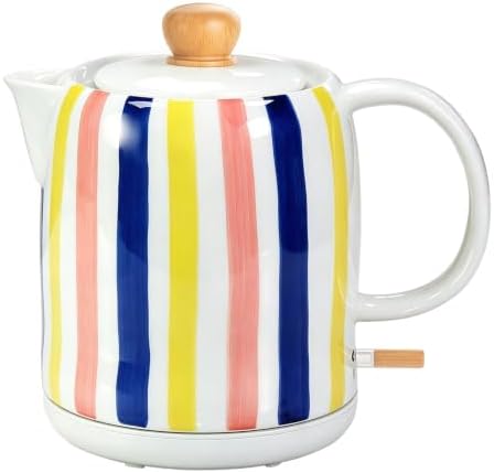 Hand-Painted Vertical Striped Ceramic Electric Kettle 1.0L - 1000W Fast Boil with Wooden Lid, Auto Shut-Off & Boil-Dry Protection for Coffee and Tea by LongSeed