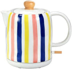Hand-Painted Vertical Striped Ceramic Electric Kettle 1.0L - 1000W Fast Boil with Wooden Lid, Auto Shut-Off & Boil-Dry Protection for Coffee and Tea by LongSeed