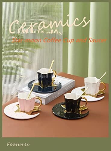 Ceramic Black Star Moon Coffee Cup And Saucer With Spoon Set Golden Handle Porcelain Mug Afternoon Tea Juice And Water Drinks Cup (black) (3213-D) - Image 3