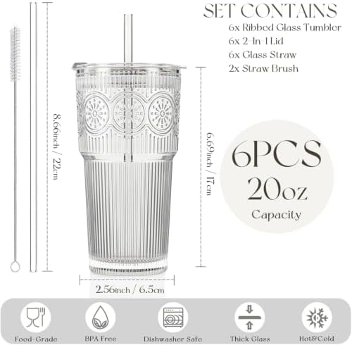 KEMORELA 20oz Ribbed&Floral Iced Coffee Cups with Lids, Reusable Glass Cups - Image 2