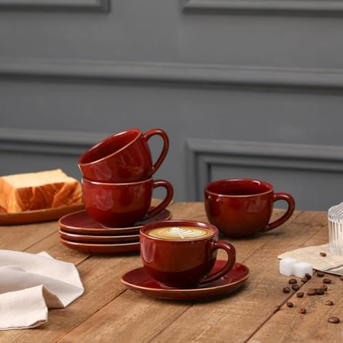 vicrays 6.5 oz Cappuccino Cups with Saucers, Set of 4, Ceramic Coffee Cup for Au Lait, Double shot, Latte, Cafe Mocha, Tea (Cherry Red) - Image 2