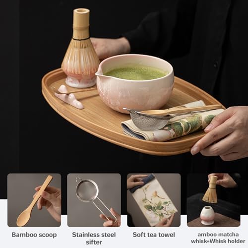 Matcha Whisk Set, Pink Ice Crystal Glaze Ceramic Set, 8-Piece Matcha Kit with Bowl, Bamboo Whisk & Sifter - Image 3