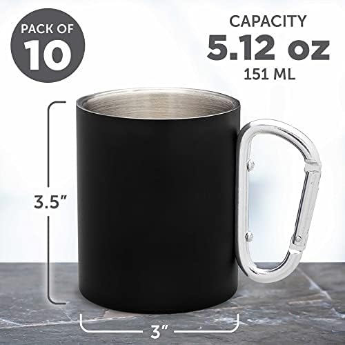 DISCOUNT PROMOS Stainless Steel Mugs with Carabiner Handle 10 oz. Set of 10, Bulk Pack - Perfect for Coffee, Soda, Other Hot & Cold Beverages - Black - Image 5