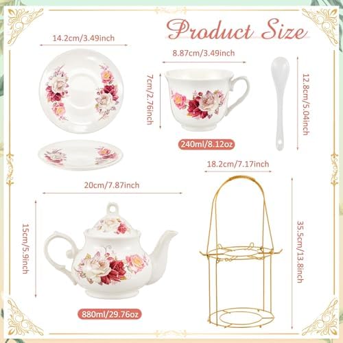 Zhehao 20 Pcs Porcelain Tea Set for Adult, with Metal Holder, Grace - Image 2