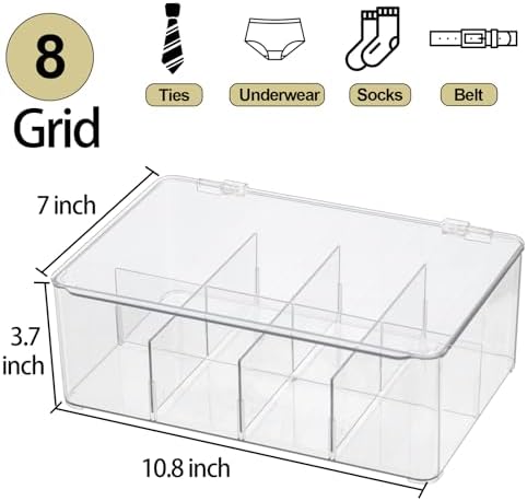 ZEXALOR Plastic Clear Storage Containers, Set of 2 Tea Bag Organizer Boxes 8 Compartments with Lids, Underwear Tie Drawer Organizer, Dresser Organizer (10.8×7×3.7") - Image 2