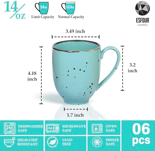 Esfour Ceramic Coffee Mugs Set Of 6, 14 Oz Large Handle Heavy Duty Cups - Microwave Dishwasher Safe - Latte, Cappuccino, Tea, Cocoa, Mocha - Men, Women, Home Office Daily Use, Natural Assorted Colors - Image 2