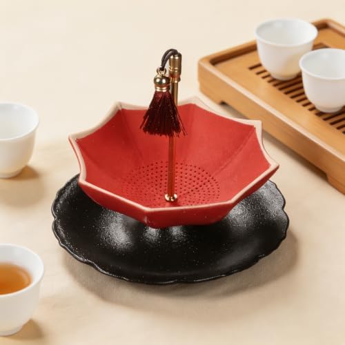 Porcelain Rotating Umbrella Tea Strainer - Ceramic Loose Leaf Filter (Red - Image 4