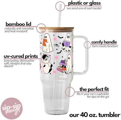 Halloween Ghost Holding Books 40oz Glass Tumbler with Handle, Lid and Straw - Image 3