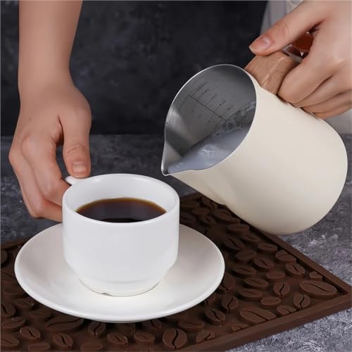 Milk Frother Cup Stainless Steel Coffee Milk Frothing Pitcher Jug Anti-scald Wood Grain Handle 304 Stainless Steel Mug Cup Professional Utensils(600ml Slivery) - Image 6