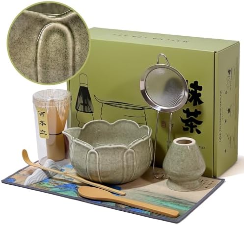 8-Piece Matcha Whisk Set, Ceramic Bowl and Tools, Celadon Lotus by Unknown