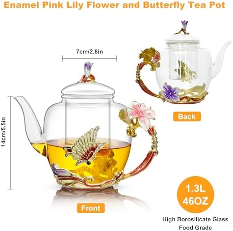 Lily Flower Enamel Glass Teapot - 46oz/1300ml, Floral Teapot With Removable Loose Tea Leaf Infuser - Image 6