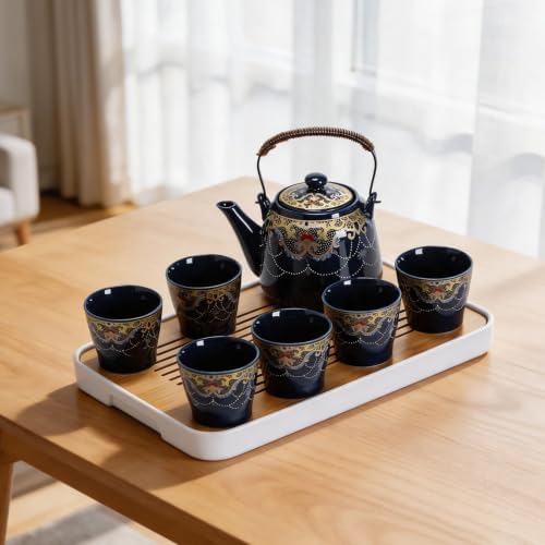 Japanese Tea Set, Black Porcelain Tea Set with 1 Teapot Set, 6 Tea Cups, 1 Tea Tray, 1 Stainless Infuser, Beautiful Asian Tea Sets for Adults, Tea Lover/Women/Men (Black BeadChain Pattern) by Tandarui