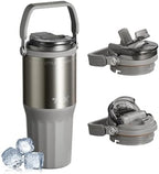 TKK 24 oz Ceramic Coated Tumbler with Straw Lid, 18/10 Stainless Steel Vacuum Tumblers, Leakproof Double Walled Iced Car Cup with Handle & Tea Infuser& Dishwasher Safe, for Hot & Cold Drinks, Grey by TKK