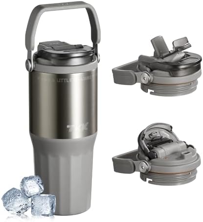 TKK 24 oz Ceramic Coated Tumbler with Straw Lid, 18/10 Stainless Steel Vacuum Tumblers, Leakproof Double Walled Iced Car Cup with Handle & Tea Infuser& Dishwasher Safe, for Hot & Cold Drinks, Grey by TKK