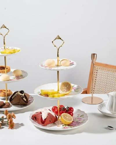 Sweejar 3 Tier Ceramic Cake Stand Wedding, Dessert Cupcake Stand for Tea Party Serving Platter (Fresh Flower) - Image 3