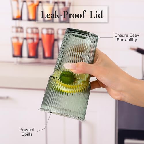 4PCS Green Ribbed Glass Cups with Lids and Straws, 20oz Vintage Drinking Glasses, Aesthetic Iced Coffee Cups, Glass Tumbler for Boba, Beer, Tea, Cocktails, Green Ribbed Glassware Set - Image 4