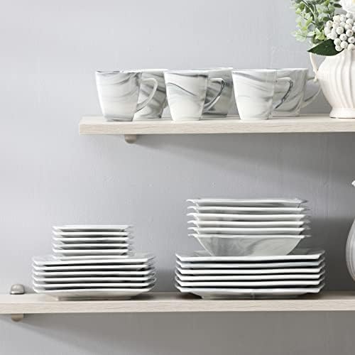 MALACASA Dinnerware Sets, 30 Piece Porcelain Plates and Bowls Sets for 6, Square Dish Set with Dinner Plates Set, Cup and Saucer, Modern Dishware Dishes Microwave Safe, Marble Grey, Series Blance - Image 6