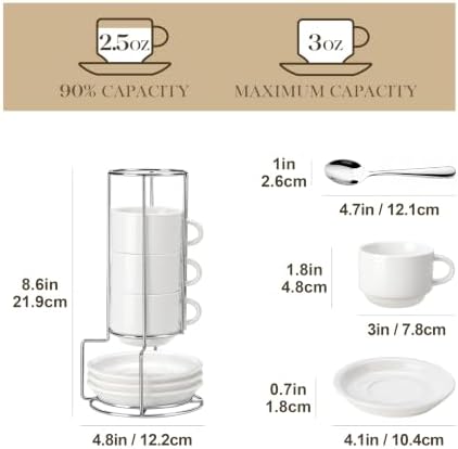 MALACASA 2.5 OZ Espresso Cups Set of 4, Porcelain Stackable Coffee Cups with Saucers, Spoons and Metal Stand, Demitasse Mugs Cappuccino Cups, Espresso Accessories for Machine - Image 2