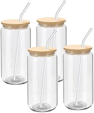YOUKE OLA 20 Pack Glass Cups with Bamboo Lids and Glass Straw 16oz Beer Can Shaped Drinking Glasses Cups, Glass Tumbler Reusable Cute Cups for Whiskey, Iced Coffee, Tea, Soda, Cocktail, Gift, Clear - Image 5