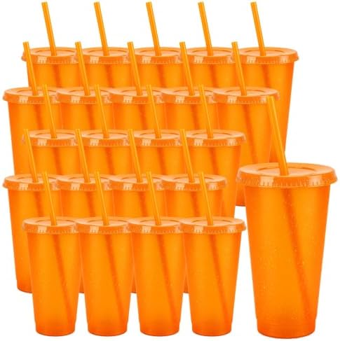 24 Pcs Orange Tumblers with Straw & Lid - 24oz Coffee Cups by Pineburg