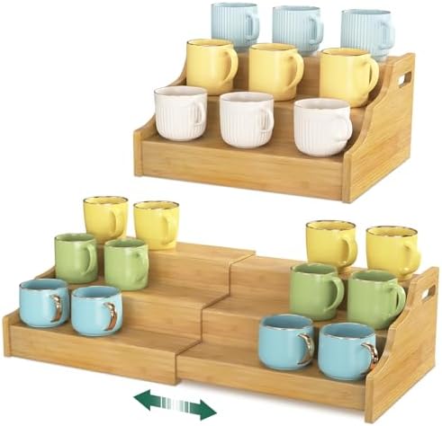 EsLuker.ly Coffee Mug Cup Holder Rack for Cabinets Countertop, 3 Tier Expandable Mug Storage Organizer Bamboo Coffee Bar Station Display Stand Shelf for Kitchen Countertop, No Assembly, More Space by EsLukerly