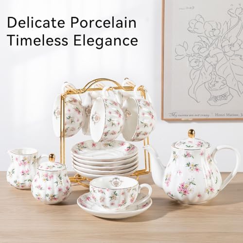 Porcelain Tea Sets British Royal Series, 8 OZ Cups& Saucer Service for 6, with Teapot Sugar Bowl Cream Pitcher Teaspoons and tea strainer for Tea/Coffee with 3 Tier Ceramic Cake Stand - Image 4