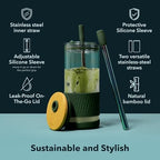 Pandaloo® Glass Cups With Lids and Straws -20 Fl Oz- Perfect Size Iced Coffee Cup - Smoothie Cup With Bamboo Lid and On the go Lid - Glass Tumbler (2 Count (Pack of 1), Intense Teal-Galactic Blue) - Image 3