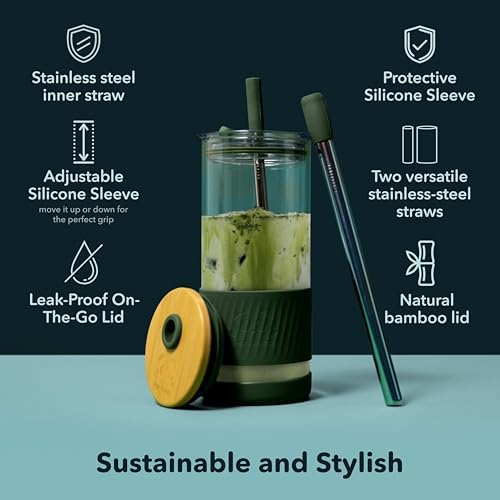 Pandaloo® Glass Cups With Lids and Straws -20 Fl Oz- Perfect Size Iced Coffee Cup - Smoothie Cup With Bamboo Lid and On the go Lid - Glass Tumbler (2 Count (Pack of 1), Galactic Blue-Coton White) - Image 3
