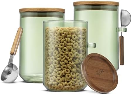 JoyJolt Holden 32oz Stackable Glass Storage Containers with Lids and Scoops, Airtight Food Canister Set of 3 w/Acacia Wood Lids, Round Stacking Pantry and Kitchen Containers w/Scoop | Sage Green by JoyJolt
