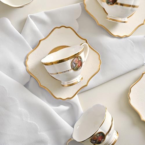 Luxury White & Gold Embossed Tea Cups and Saucers with Teapot, Sugar Bowl, & &Creamer, Vintage European Porcelain Coffee Set for Tea Party, Wedding, Gift (Gole & Rose, 4pcs/set) - Image 5