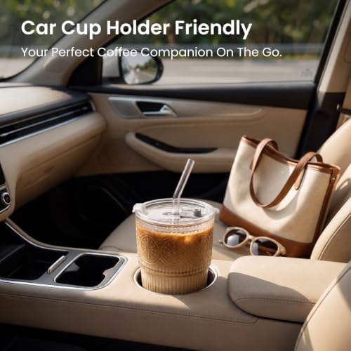 INSETLAN Iced Coffee Cups with Lids and Straws, 13 oz Glass Tumbler - Image 6