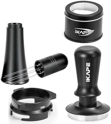 IKAPE 54mm Espresso Tamper Kit 4 in 1 Black, Complete Portafilter accessory set, 53mm Coffee Tamper, WDT Tool, Paper Filters (200pc), Dosing Funnel for Breville Portafilters by IKAPE