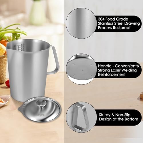 2 PCS 2 L/ 70 oz Large Stainless Steel Pitcher with Lid, Metal Measuring Cup with Handle & Scales, Wide Mouth Graduated Beakers, Milk Frothing Jug Metal Pitcher for Coffee Latte Art, Hot/Cold Water - Image 4