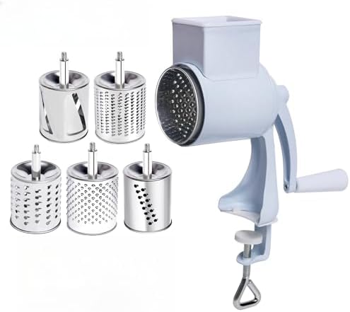 Manual Joystick Grinder, Hand-Operated Grain Mill for Dry and Oily Grains, Wheat, Corn, Coffee, Spices, Peanut Butter Maker, Stainless Steel Burr (White five blade) by Unknown