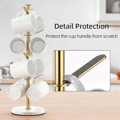 Gypie Gold Mug Holder Tree with Marble Base, 8 Hooks Standard Coffee Cups - Image 4