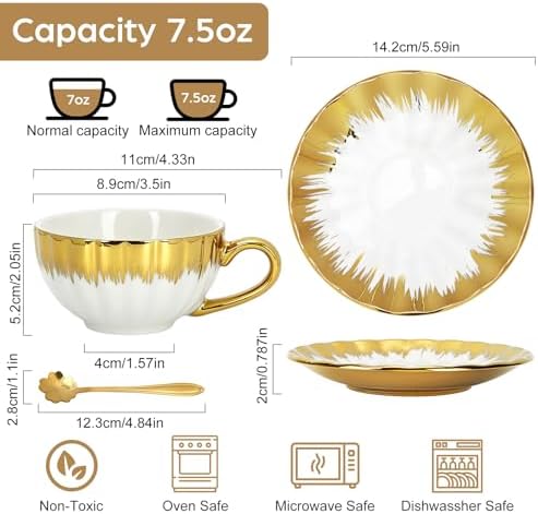 Cappuccino Cups with Saucers, 7.5 oz Ceramic Coffee Cup Set of 6 - Image 4