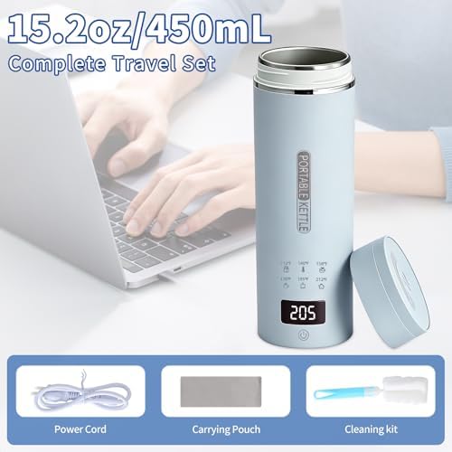 Blue Travel Electric Kettle, LCD Display with 6 Temperature Settings, 304 Stainless Steel, 450ml/15.2oz, Auto Shut-Off and Boil-Dry Protection, Compact Portable Electric Kettle - Image 5