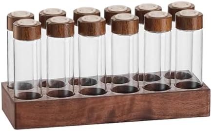 Coffee Storage Jar Glass Bean Tube Airtight Canister Wooden Rack Display Stand Vial Funnel Sealed Organizer Suitable for Kitchen Buffet Restaur, 12 Hole 17g by Unknown