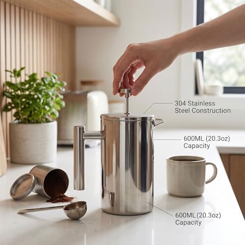 Double Wall Coffee Pot, 304 Stainless Steel French Press Coffee Maker 600ml Insulated Tea Infuser with Ergonomic Handle for Brewing - Image 5